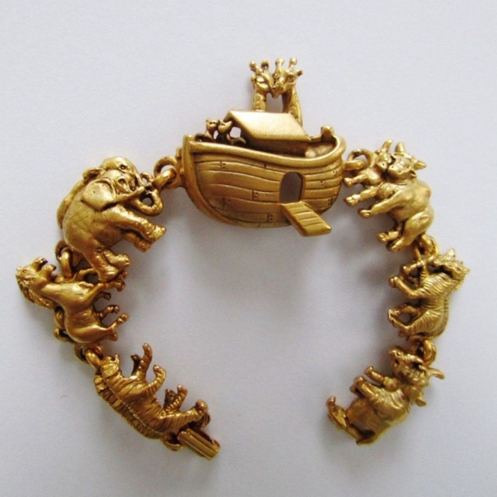 AJC Vintage Noah's Ark Bracelet Brushed Gold Linked Animals Signed